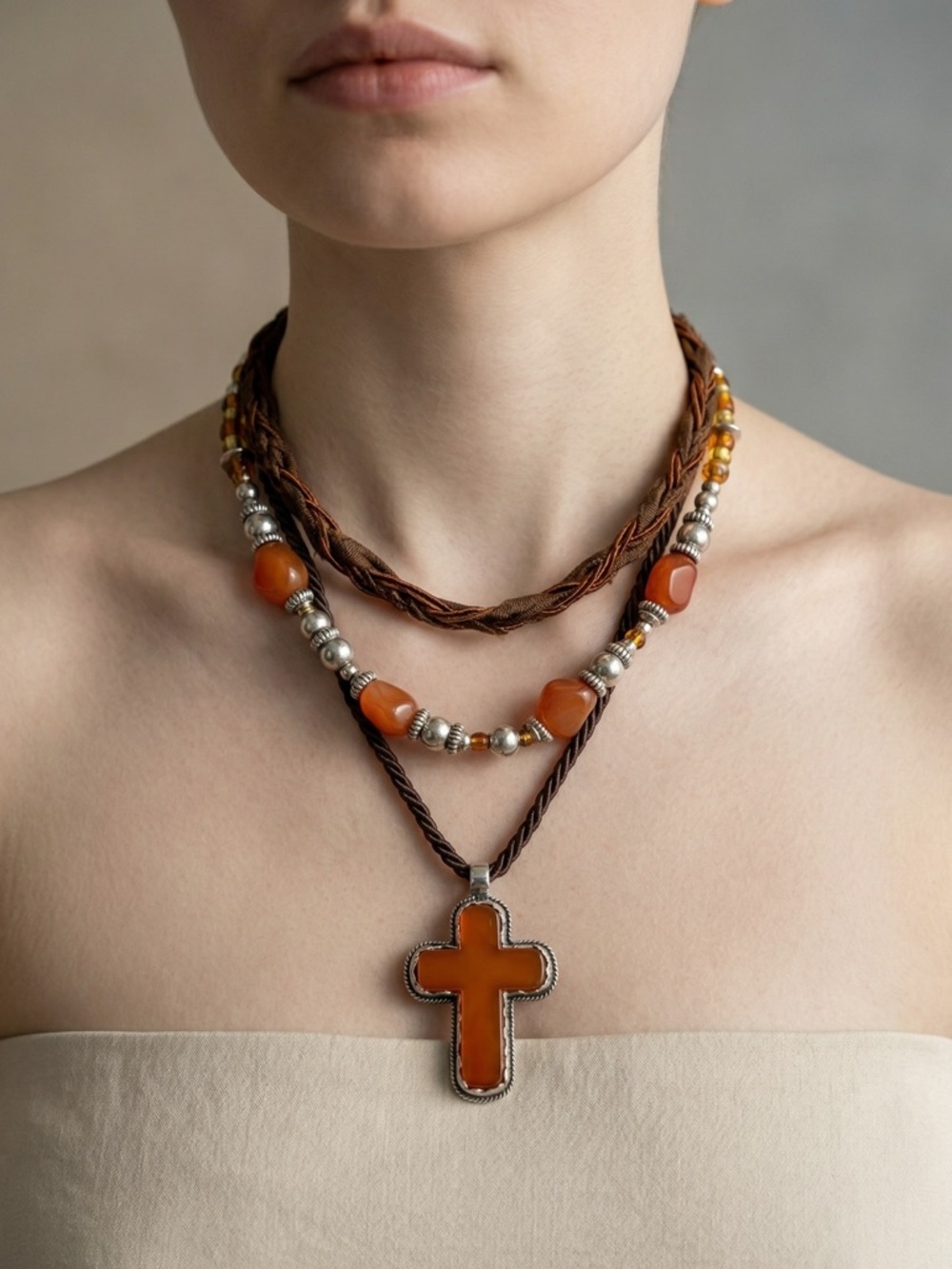 Free People Roadrunner Layered Necklace Amber Orange Cross Boho Western Statem